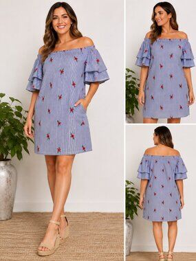 Betsey Johnson Navy/White Striped Embroidered Floral Off-Shoulder Dress – Size12